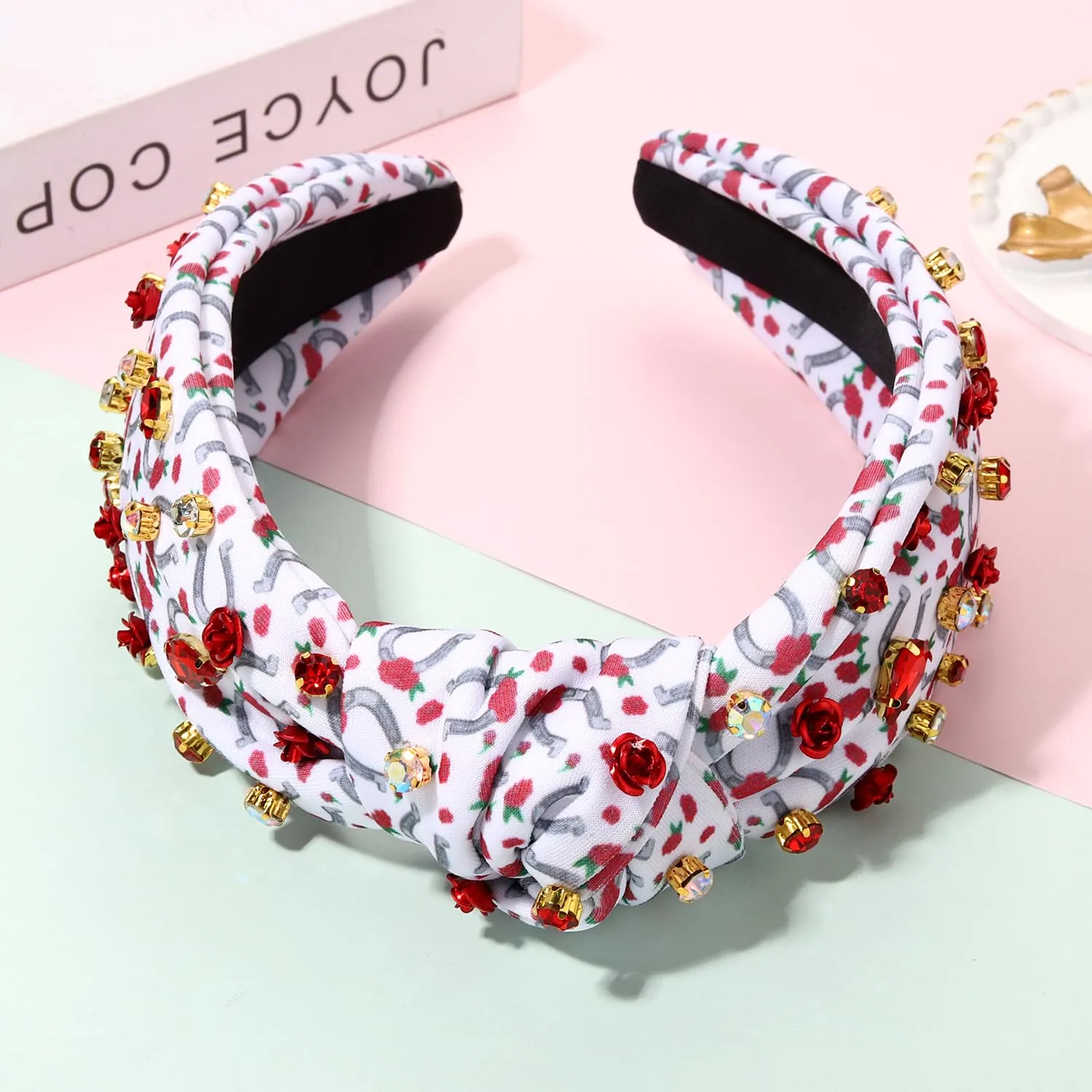CEALXHENY Kentucky Derby Headband for Women - White, Beaded Horseshoe Motif with Rhinestones, Top Knot Headband, Hair Accessory for Derby Day, Party, Gift, Horse Racing Enthusiasts