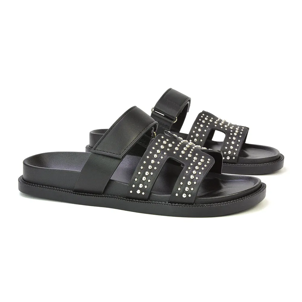 Nicole Diamante Cut Out Adjustable Strappy Flat Sandals Sliders in Black